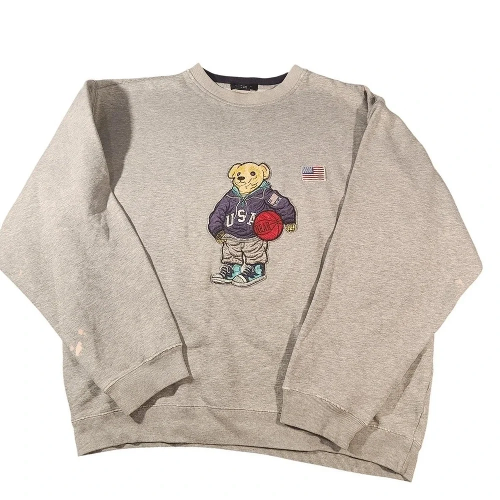 Polo Ralph Lauren Sweatshirt Mens XL Gray Bear USA Flag Basketball Fleece Lined‎